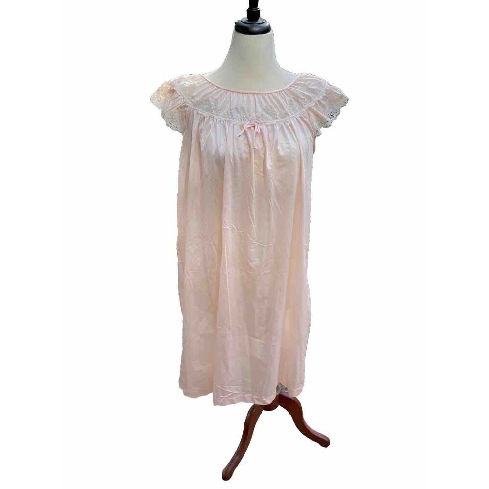Vintage Peach Nylon Nightgown With Lace Trim & Ruffle Sleeves